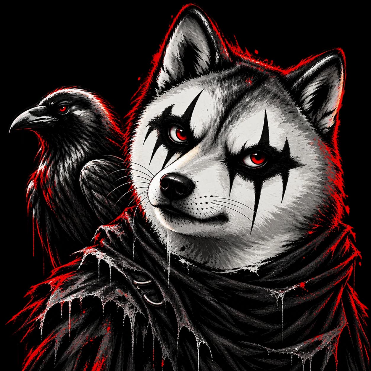 Devil Inu: the Doge in black-and-white gothic face paint, a crow on his shoulder